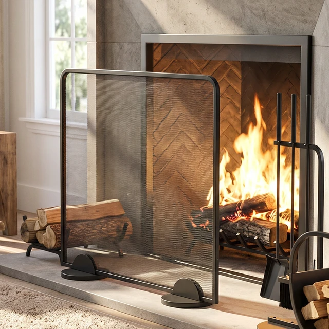 Alt view image 2 of 7 - Freestanding Single Panel Black Metal Fireplace Screen, Heavy Duty Iron Mesh Spark Guard for Indoor Burning Fireplaces