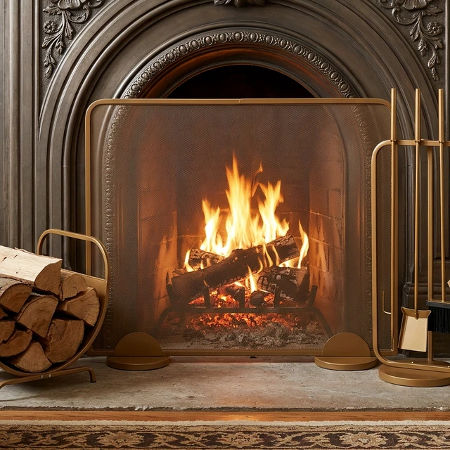 Alt view image 2 of 7 - Freestanding Single Panel Gold Metal Fireplace Screen, Decorative Spark Screen for Burning Fireplace 38 Inch 32