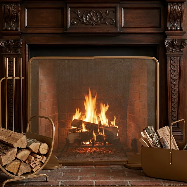 Alt view image 3 of 7 - Freestanding Single Panel Gold Metal Fireplace Screen, Decorative Spark Screen for Burning Fireplace 38 Inch 32