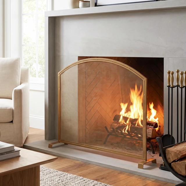 Main image of Freestanding Arched Top Gold Metal Fireplace Screen, Single Panel Spark Barrier for Indoor Burning Fireplace Screen