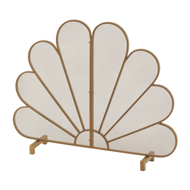 Alt view image 5 of 7 - Fan Shaped Peacock Design Freestanding Fireplace Screen, 2 Panel Decorative Metal Mesh Spark Barrier for Indoor