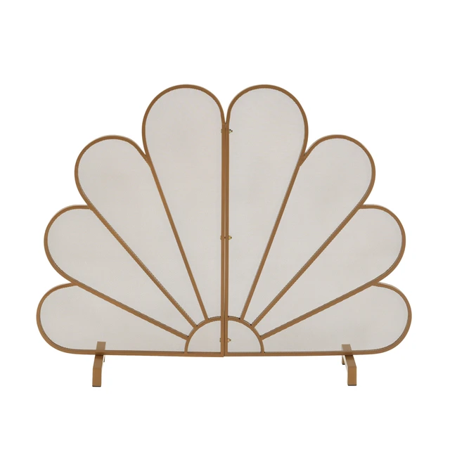 Alt view image 2 of 7 - Fan Shaped Peacock Design Freestanding Fireplace Screen, 2 Panel Decorative Metal Mesh Spark Barrier for Indoor