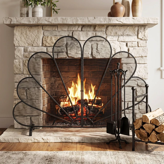 Main image of Peacock Fan Shaped Freestanding Fireplace Screen, 50 Inch 35 Inch Heavy Duty Iron Mesh Single Panel Fire Spark