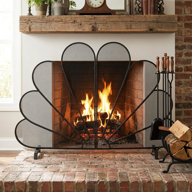 Alt view image 2 of 7 - Peacock Fan Shaped Freestanding Fireplace Screen, 50 Inch 35 Inch Heavy Duty Iron Mesh Single Panel Fire Spark