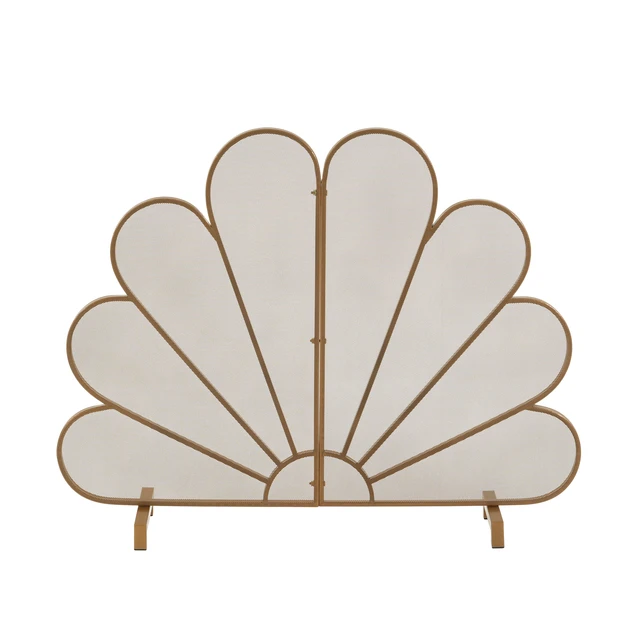 Alt view image 6 of 7 - Fan Shaped Peacock Design Freestanding Fireplace Screen, 2 Panel Decorative Metal Mesh Spark Barrier for Indoor