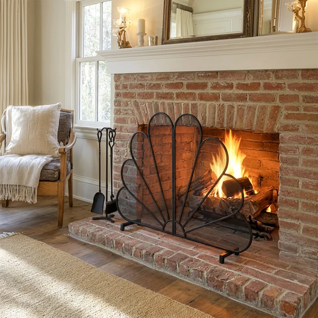 Alt view image 3 of 7 - Peacock Fan Shaped Freestanding Fireplace Screen, 50 Inch 35 Inch Heavy Duty Iron Mesh Single Panel Fire Spark