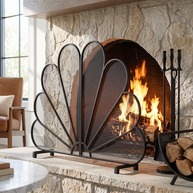 Alt view image 4 of 7 - Peacock Fan Shaped Freestanding Fireplace Screen, 50 Inch 35 Inch Heavy Duty Iron Mesh Single Panel Fire Spark