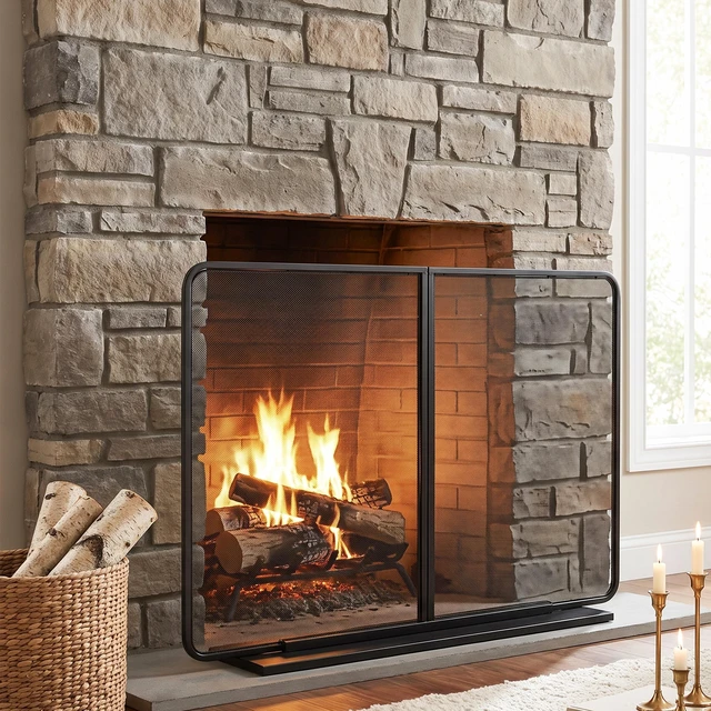 Main image of Two Panel Freestanding Fireplace Screen, 50 Inch 35 Inch Iron Mesh Fire Spark Barrier for Indoor Fireplace, Black