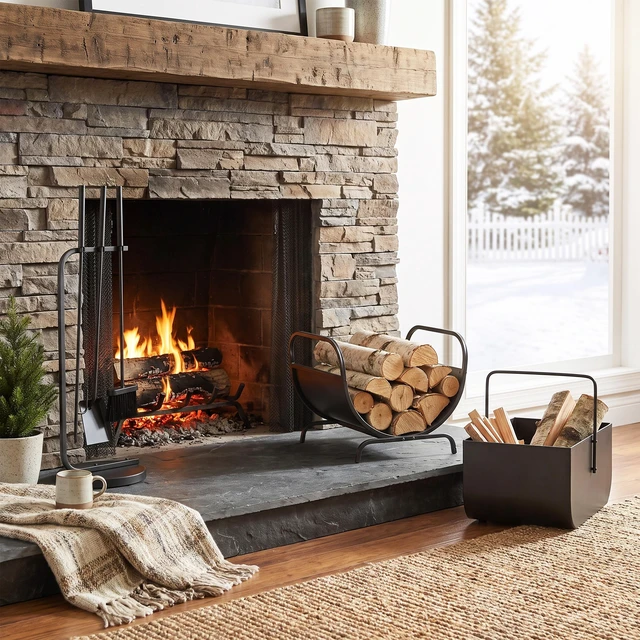 Alt view image 2 of 7 - 3 Piece Fireplace Accessory Set with Log Rack, Firewood Storage Bucket and Fireplace Tools for Hearth, Black, Iron