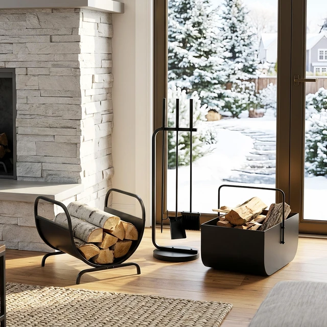 Main image of 3 Piece Fireplace Accessory Set with Log Rack, Firewood Storage Bucket and Fireplace Tools for Hearth, Black, Iron