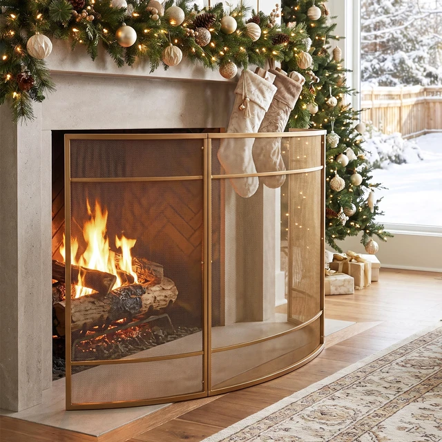 Main image of Curved Freestanding Fireplace Screen, 51 Inch 35 Inch Iron Mesh Fire Spark Barrier for Indoor Fireplace, Gold, Iron