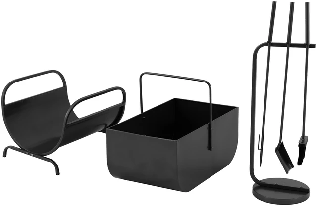 Alt view image 4 of 7 - 3 Piece Fireplace Accessory Set with Log Rack, Firewood Storage Bucket and Fireplace Tools for Hearth, Black, Iron