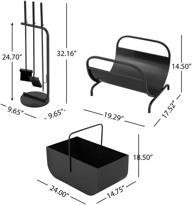 Alt view image 5 of 7 - 3 Piece Fireplace Accessory Set with Log Rack, Firewood Storage Bucket and Fireplace Tools for Hearth, Black, Iron