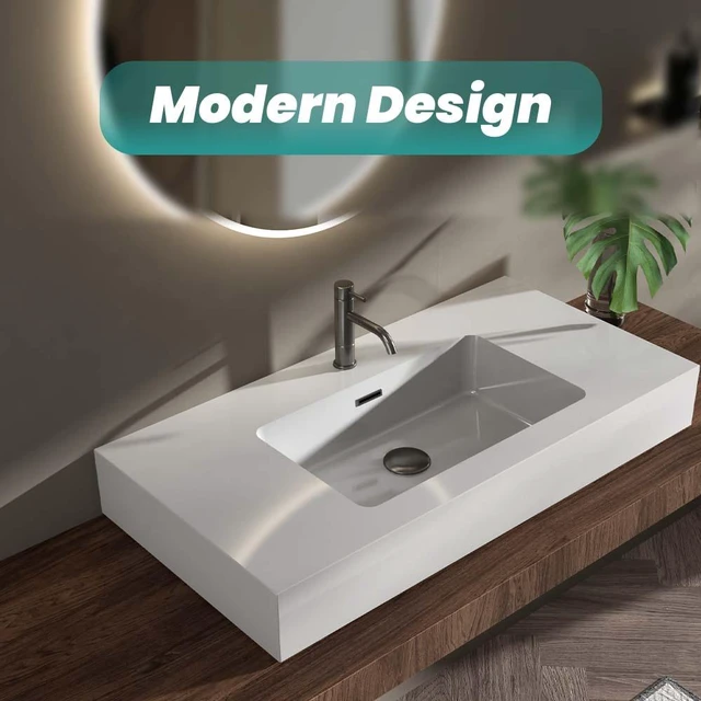 Alt view image 2 of 7 - 36, Integrated Solid Surface Basin Without Drain and Faucet Color, Glossy White, Solid Surface, Sinks