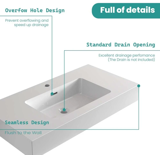 Alt view image 5 of 7 - 36, Integrated Solid Surface Basin Without Drain and Faucet Color, Glossy White, Solid Surface, Sinks
