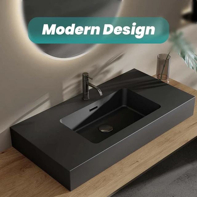 Alt view image 2 of 7 - 36, Integrated Engineered Solid Surface Basin Without Drain and Faucet Color, Matte Black, Solid Surface, Sinks