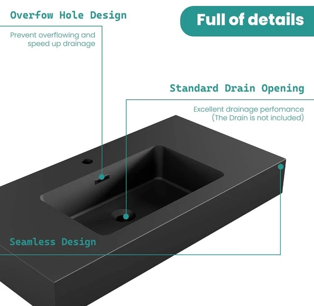 Alt view image 5 of 7 - 36, Integrated Engineered Solid Surface Basin Without Drain and Faucet Color, Matte Black, Solid Surface, Sinks