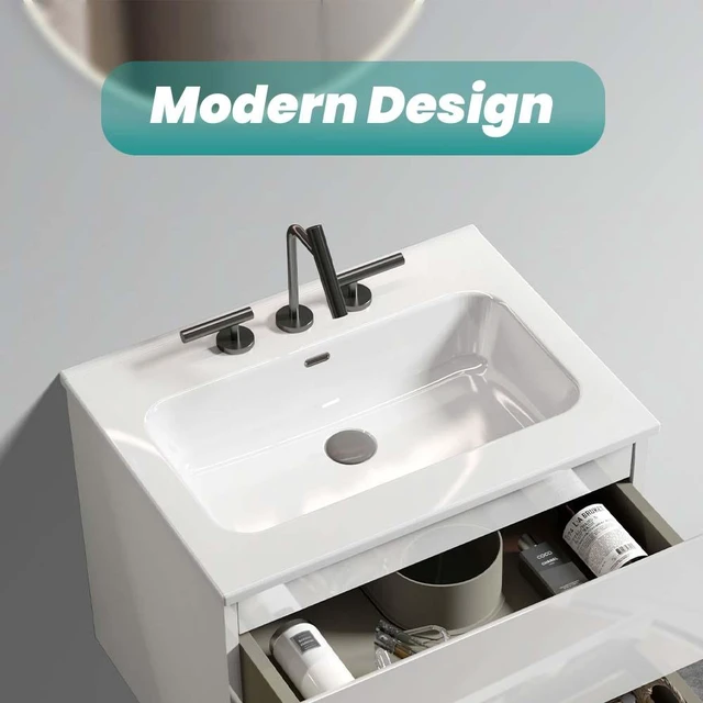 Alt view image 2 of 7 - Integrated Ceramic Basin with Three Predrilled Faucet Holes, Drain Assembly Not Included, Glossy White, Sinks