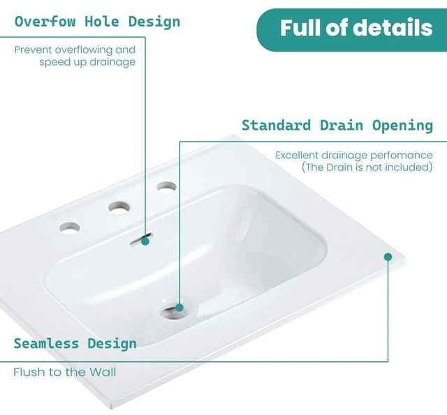 Alt view image 6 of 7 - Integrated Ceramic Basin with Three Predrilled Faucet Holes, Drain Assembly Not Included, Glossy White, Sinks