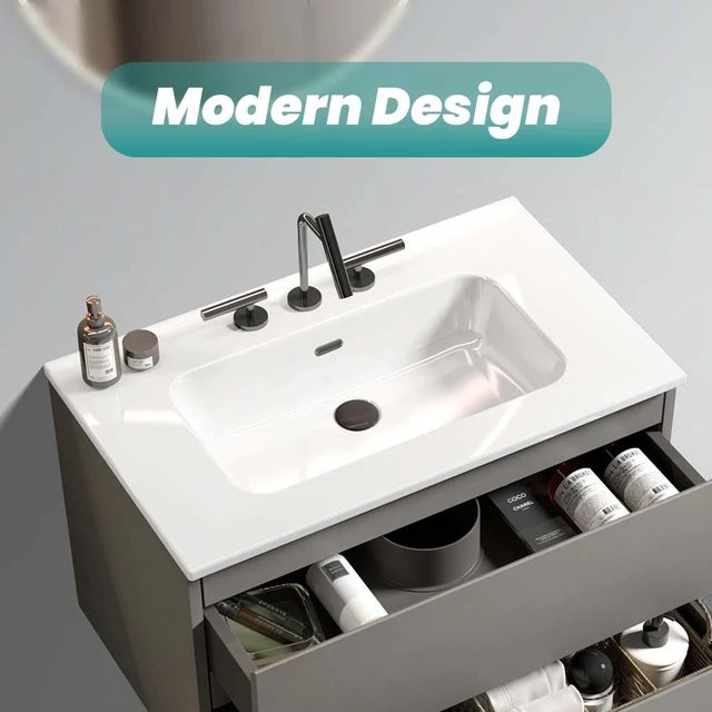 Alt view image 2 of 7 - Integrated Ceramic Basin with Three Predrilled Faucet Holes, Faucet and Drain Assembly Not Included, Glossy White
