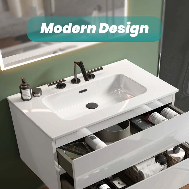 Alt view image 2 of 7 - Integrated Ceramic Basin, Drain Assembly Not Included, Glossy White, Sinks