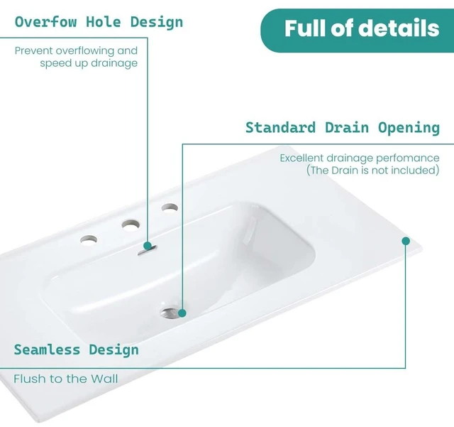 Alt view image 7 of 7 - Integrated Ceramic Basin with Three Predrilled Faucet Holes, Faucet and Drain Assembly Not Included, Glossy White