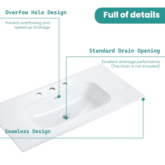 Alt view image 7 of 7 - Integrated Ceramic Basin, Drain Assembly Not Included, Glossy White, Sinks