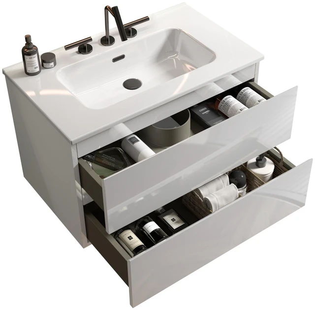 Alt view image 5 of 6 - 30 Inch Wall Mount Vanity with Ceramic Sink with Three Faucet Holes, Large Storage Floating Vanity for Pre Assembled