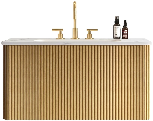 Alt view image 3 of 7 - 30 Inch Striped Vanity with Carrara Ceramic Sink, Wall Mounted Floating Vanity, Carrara White Light Oak, Ceramic, MDF
