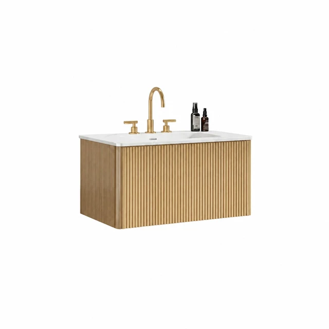 Alt view image 4 of 7 - 30 Inch Striped Vanity with Carrara Ceramic Sink, Wall Mounted Floating Vanity, Carrara White Light Oak, Ceramic, MDF