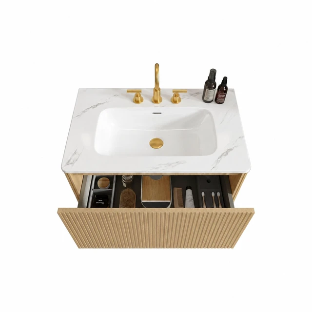 Alt view image 5 of 7 - 30 Inch Striped Vanity with Carrara Ceramic Sink, Wall Mounted Floating Vanity, Carrara White Light Oak, Ceramic, MDF