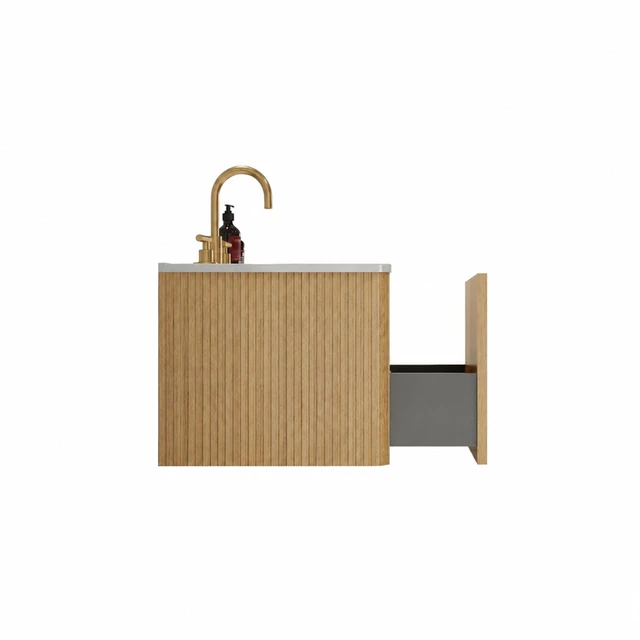 Alt view image 7 of 7 - 30 Inch Striped Vanity with Carrara Ceramic Sink, Wall Mounted Floating Vanity, Carrara White Light Oak, Ceramic, MDF