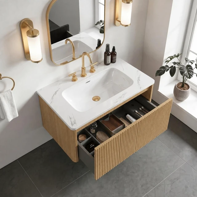 Alt view image 2 of 7 - 30 Inch Striped Vanity with Carrara Ceramic Sink, Wall Mounted Floating Vanity, Carrara White Light Oak, Ceramic, MDF