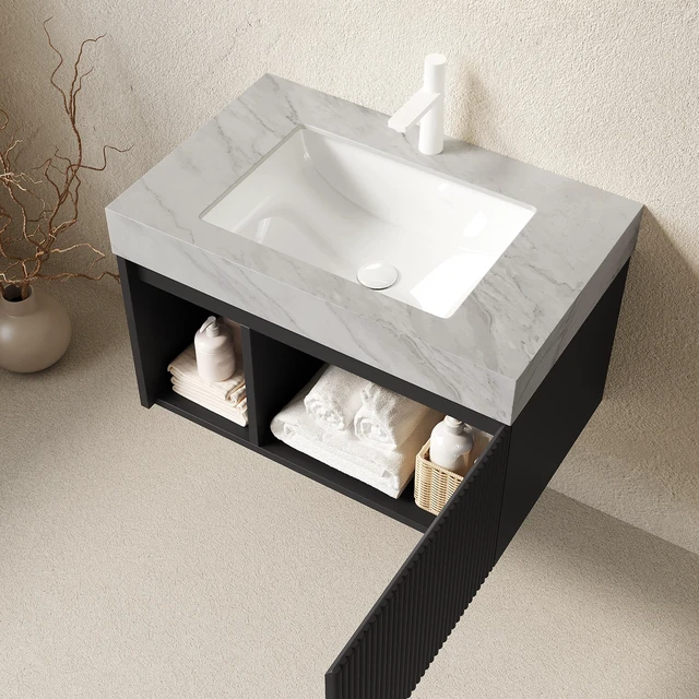 Alt view image 2 of 7 - 30 Inch Vanity and Sink, Floating Storage Cabinet Carrara Vein Sintered Stone Top and Ceramic Basin with Pre Drilled