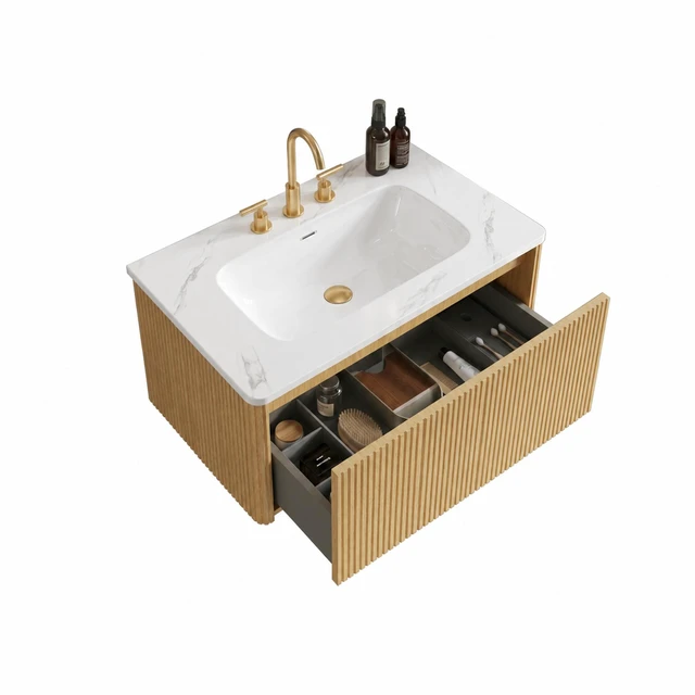 Alt view image 6 of 7 - 30 Inch Striped Vanity with Carrara Ceramic Sink, Wall Mounted Floating Vanity, Carrara White Light Oak, Ceramic, MDF