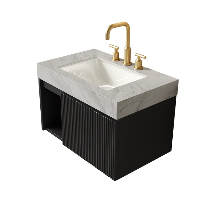 Alt view image 4 of 7 - 30 Inch Vanity and Sink, Floating Storage Cabinet Carrara Vein Sintered Stone Top and Ceramic Basin with Pre Drilled