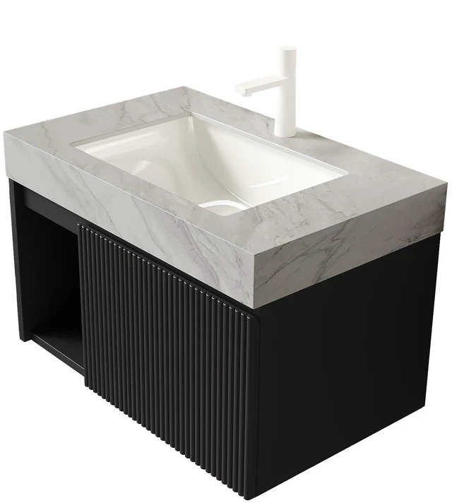 Alt view image 4 of 7 - 30 Inch Vanity and Sink, Floating Storage Cabinet Carrara Vein Sintered Stone Top and Ceramic Basin with Pre Drilled