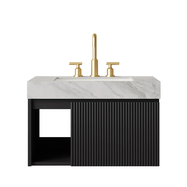 Alt view image 3 of 7 - 30 Inch Vanity and Sink, Floating Storage Cabinet Carrara Vein Sintered Stone Top and Ceramic Basin with Pre Drilled