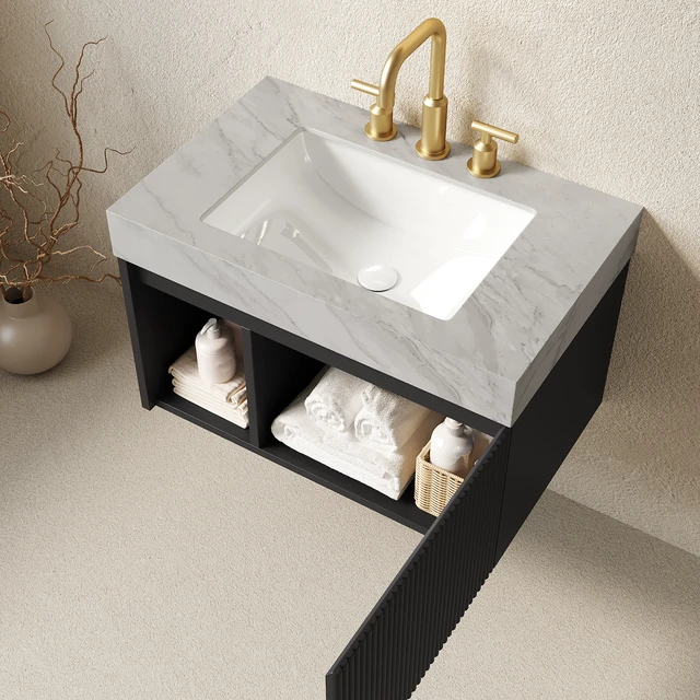 Alt view image 2 of 7 - 30 Inch Vanity and Sink, Floating Storage Cabinet Carrara Vein Sintered Stone Top and Ceramic Basin with Pre Drilled