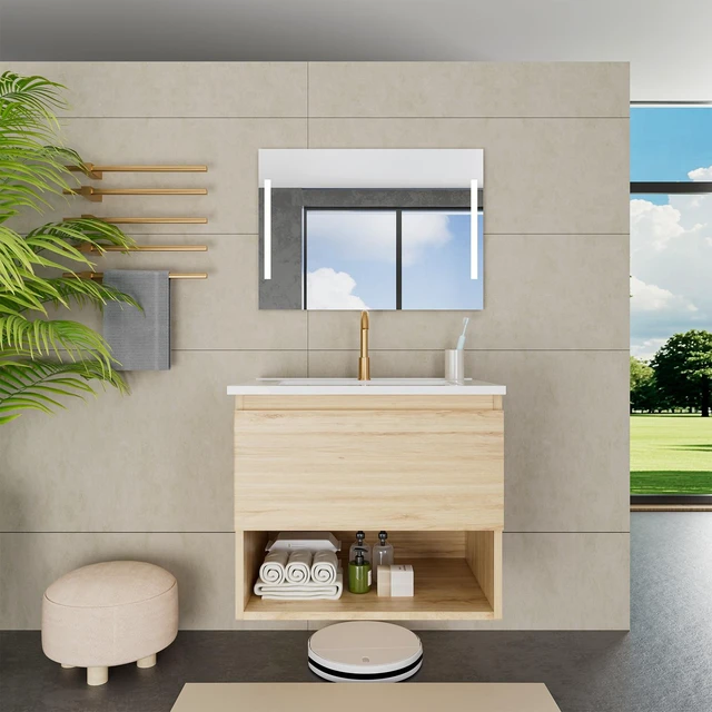 Main image of 24 Inch Vanity Cabinet with Ceramic Sink Oak Wall Mounted Floating Vanity with Drawers, Without Faucet and Drain, MDF
