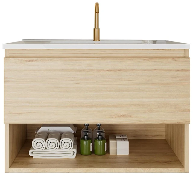 Alt view image 3 of 7 - 24 Inch Vanity Cabinet with Ceramic Sink Oak Wall Mounted Floating Vanity with Drawers, Without Faucet and Drain, MDF