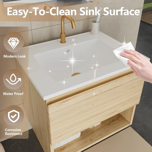 Alt view image 5 of 7 - 24 Inch Vanity Cabinet with Ceramic Sink Oak Wall Mounted Floating Vanity with Drawers, Without Faucet and Drain, MDF