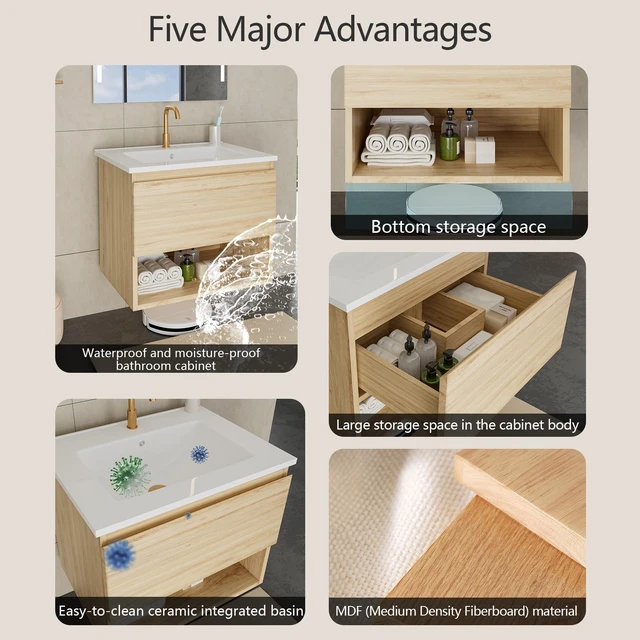 Alt view image 4 of 7 - 24 Inch Vanity Cabinet with Ceramic Sink Oak Wall Mounted Floating Vanity with Drawers, Without Faucet and Drain, MDF