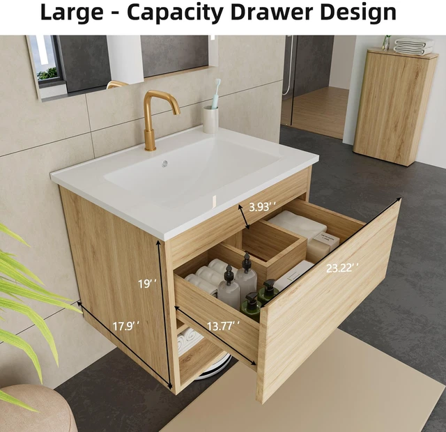 Alt view image 7 of 7 - 24 Inch Vanity Cabinet with Ceramic Sink Oak Wall Mounted Floating Vanity with Drawers, Without Faucet and Drain, MDF