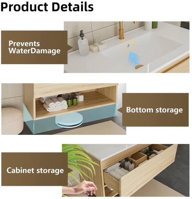 Alt view image 6 of 7 - 24 Inch Vanity Cabinet with Ceramic Sink Oak Wall Mounted Floating Vanity with Drawers, Without Faucet and Drain, MDF