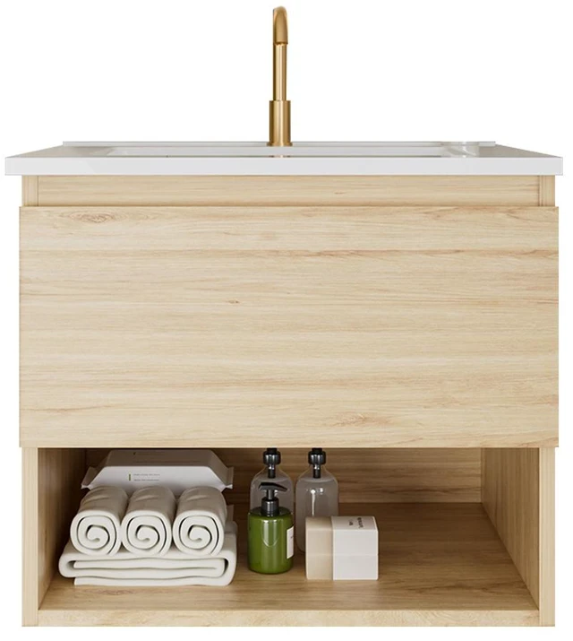 Alt view image 2 of 7 - 24 Inch Vanity Cabinet with Ceramic Sink Oak Wall Mounted Floating Vanity with Drawers, Without Faucet and Drain, MDF