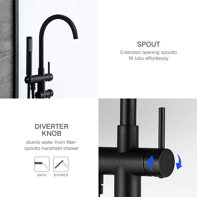 Alt view image 5 of 7 - Freestanding Bathtub Faucet with Handheld Shower 40.12 Inch High Swan Neck Spout Solid for Clawfoot Tub, Matte Black