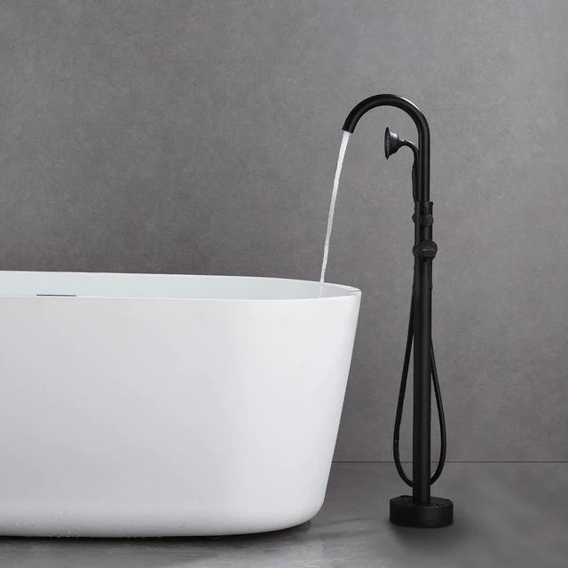Alt view image 6 of 7 - Freestanding Bathtub Faucet with Handheld Shower 40.12 Inch High Swan Neck Spout Solid for Clawfoot Tub, Matte Black