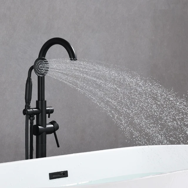Alt view image 4 of 7 - Freestanding Bathtub Faucet with Handheld Shower 40.12 Inch High Swan Neck Spout Solid for Clawfoot Tub, Matte Black