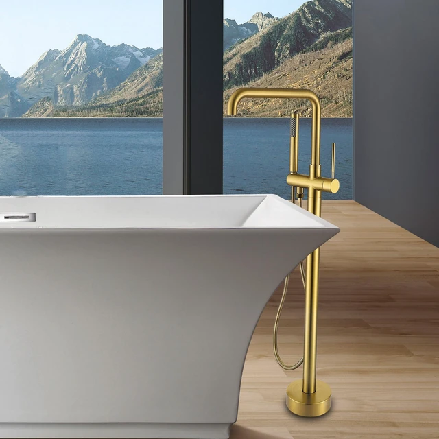 Main image of Freestanding Bathtub Faucet with Hand Shower, Brushed Gold, Metal, Freestanding Tub Faucets